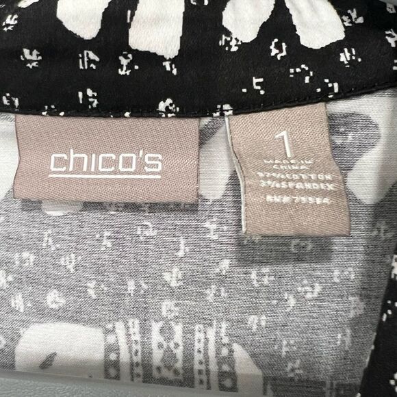Chico’s Size 1 Button-Up Blouse - Black and White Elephant Print, Short Sleeve - Picture 4 of 5